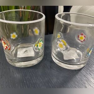 Colorful Flowers Lampwork Embedded Double Old Fashioned Glasses set of 2 NEW